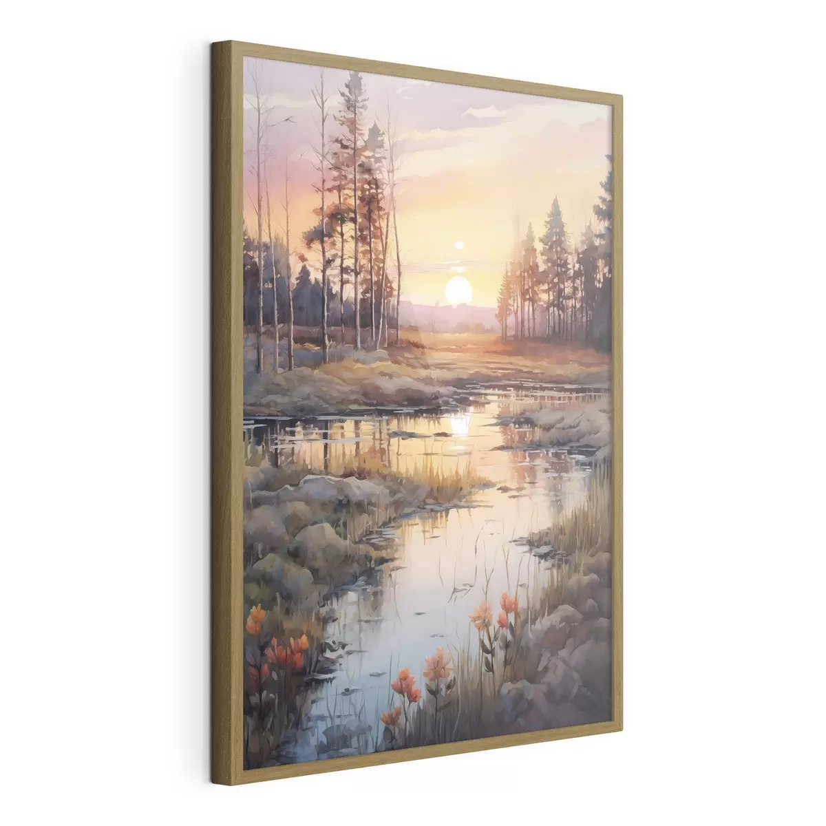 Poster Belle rivière dans la forêt d'automne, aquarelle, prairie, ciel couchant f41643