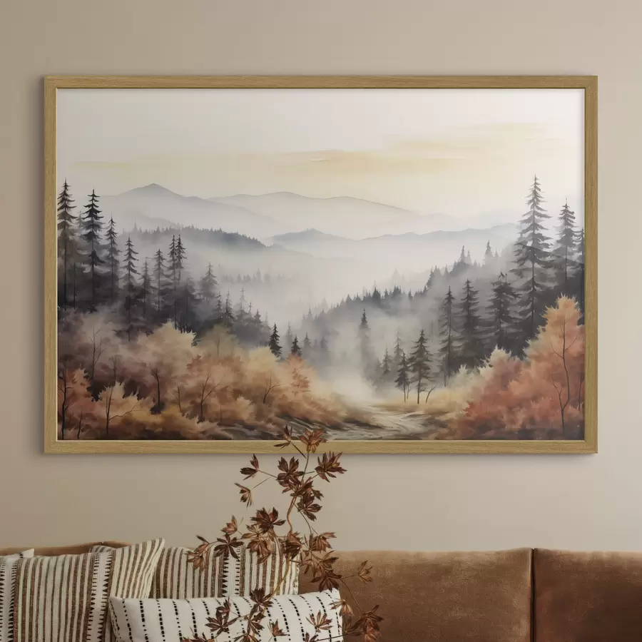 Papier peint Belle montagne brumeuse, forêt d'automne, aquarelle f41646