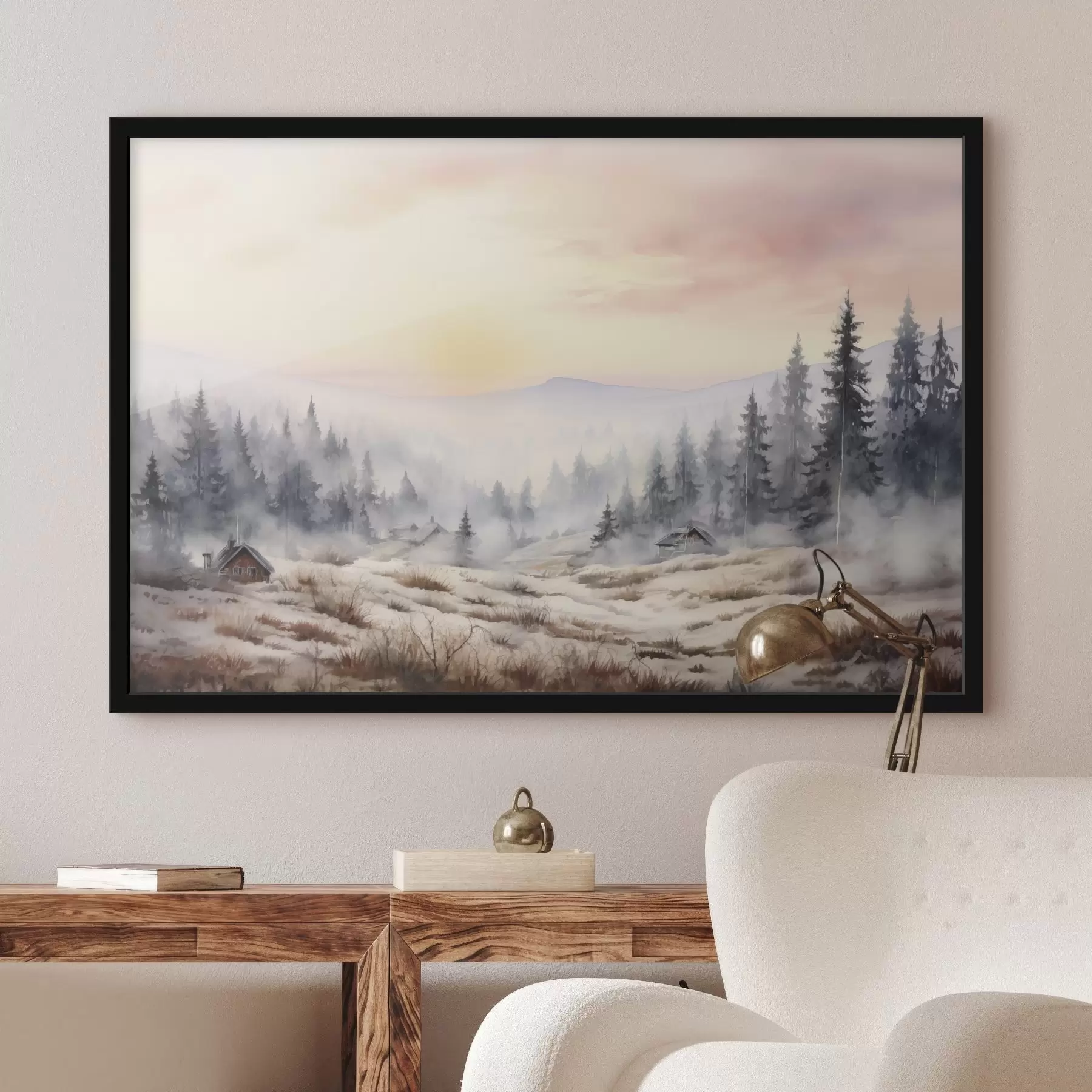 Papier peint Montagnes des Carpates, forêt gelée, village, maisons en bois, lever de soleil f41647
