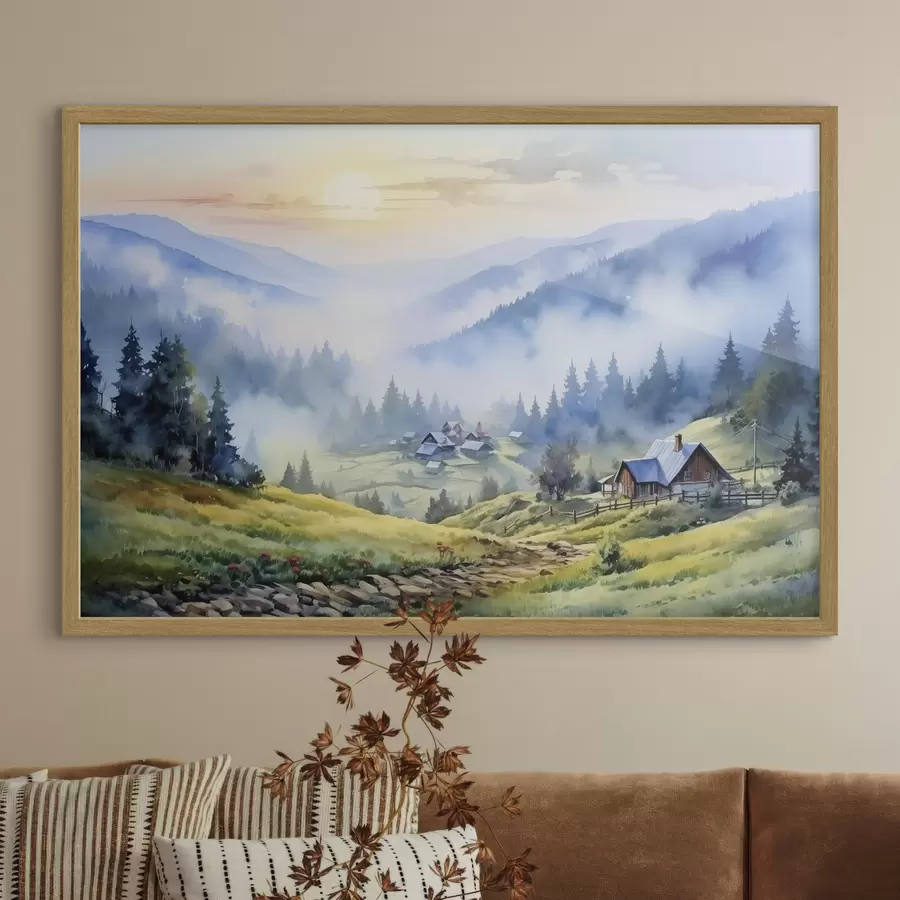 Papier peint Village des Carpates dans les montagnes brumeuses, forêt, aquarelle f41648