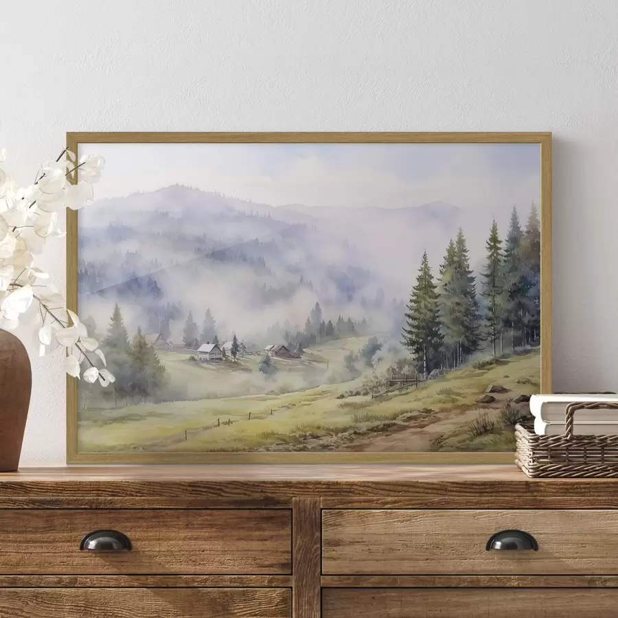 Papier peint Belles montagnes, paysages forestiers brumeux, aquarelle, village f41649