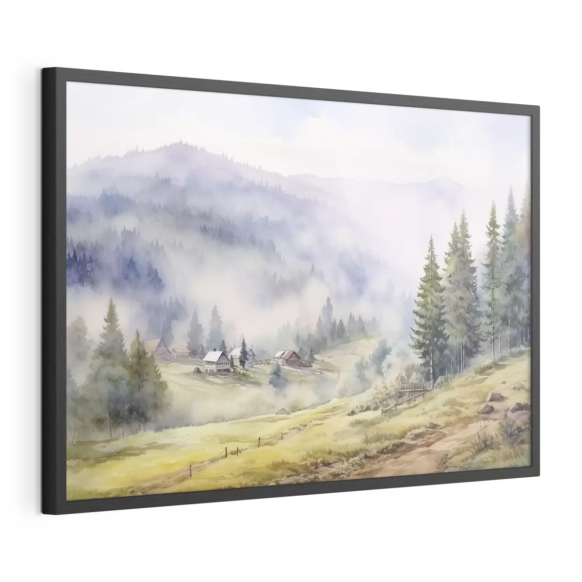 Poster Belles montagnes, paysages forestiers brumeux, aquarelle, village f41649