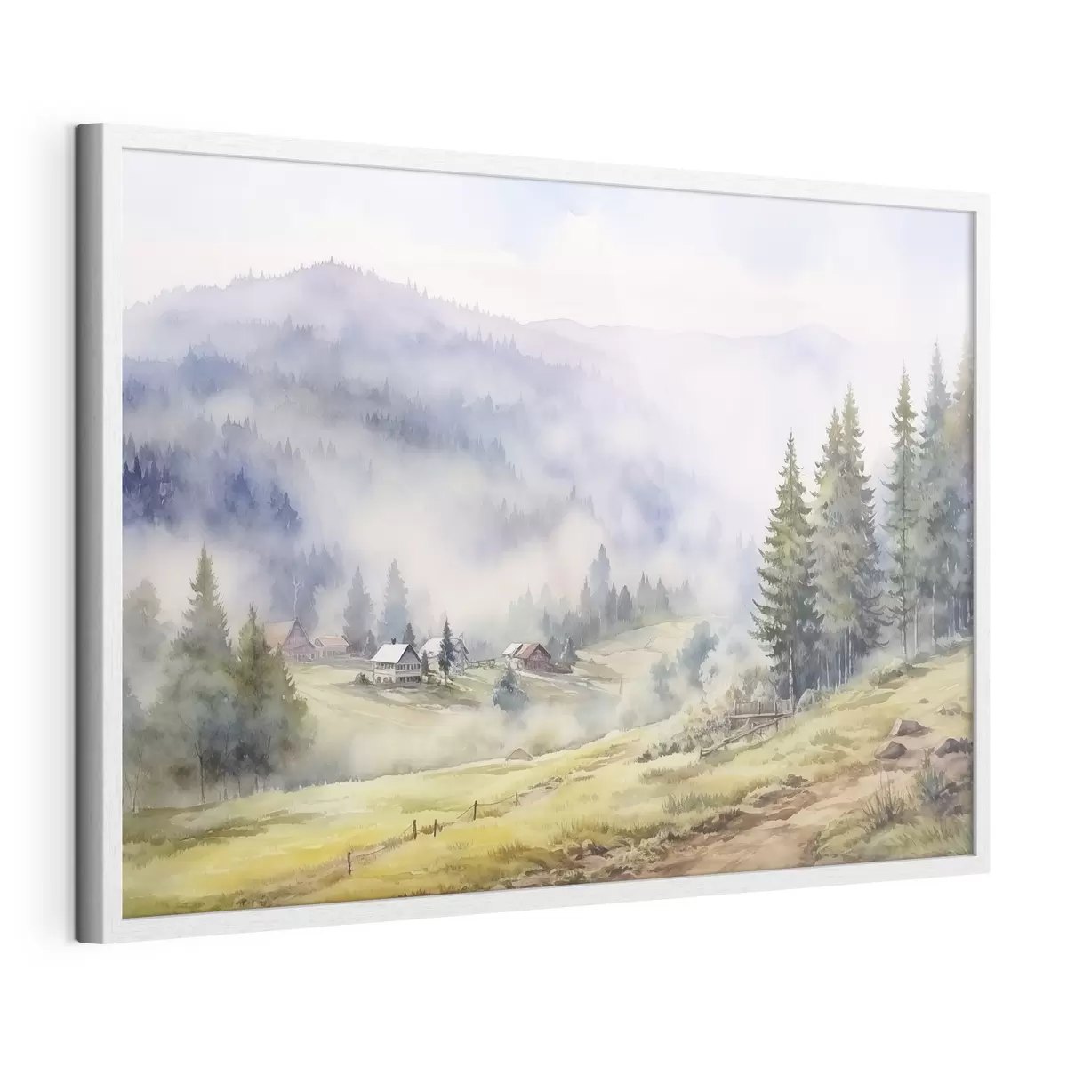 Poster Belles montagnes, paysages forestiers brumeux, aquarelle, village f41649