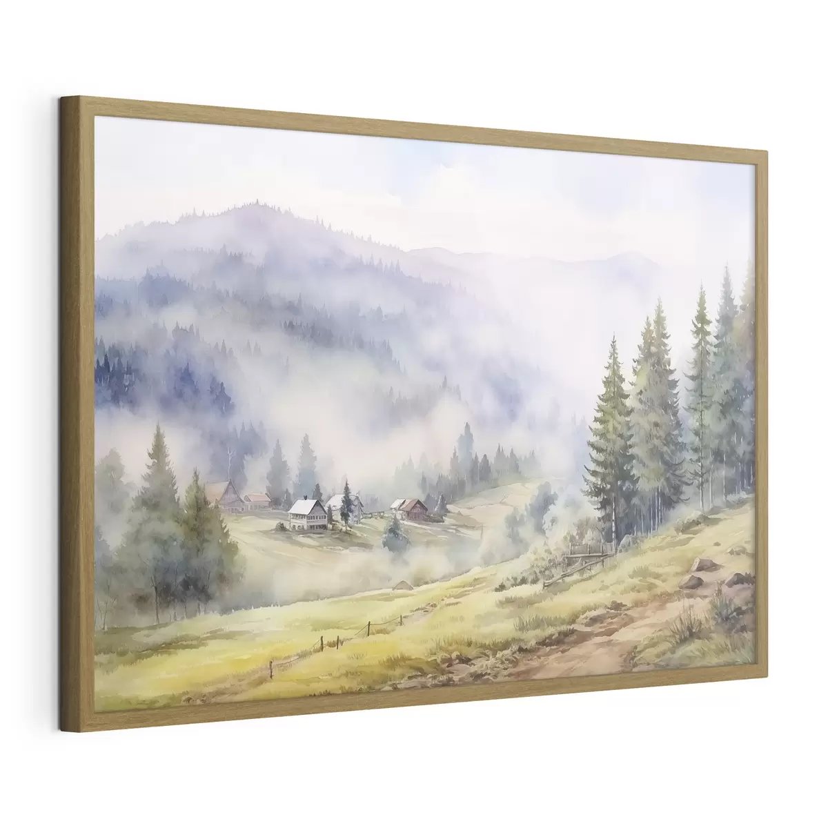 Poster Belles montagnes, paysages forestiers brumeux, aquarelle, village f41649