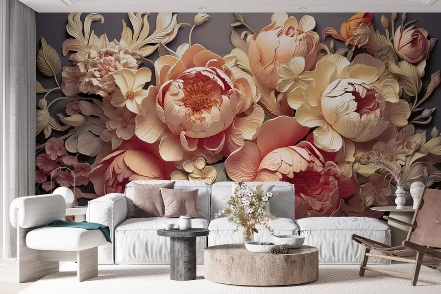 Papier peint Arrangement floral en 3D comprenant des pivoines rose-beige et des roses de style rococo sur un fond sombre w01933