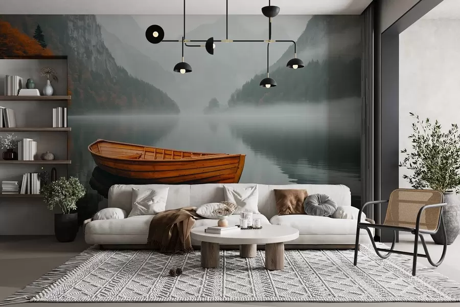 Papier peint Un bateau en bois flotte sur un lac, entouré d'un épais brouillard et de montagnes w02195