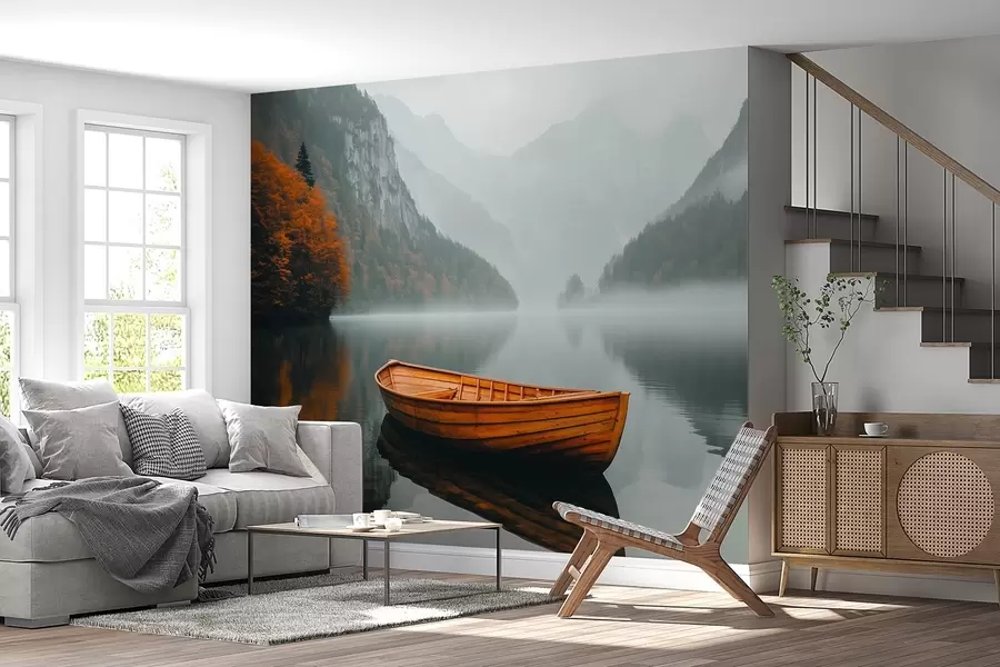 Papier peint Un bateau en bois flotte sur un lac, entouré d'un épais brouillard et de montagnes w02195