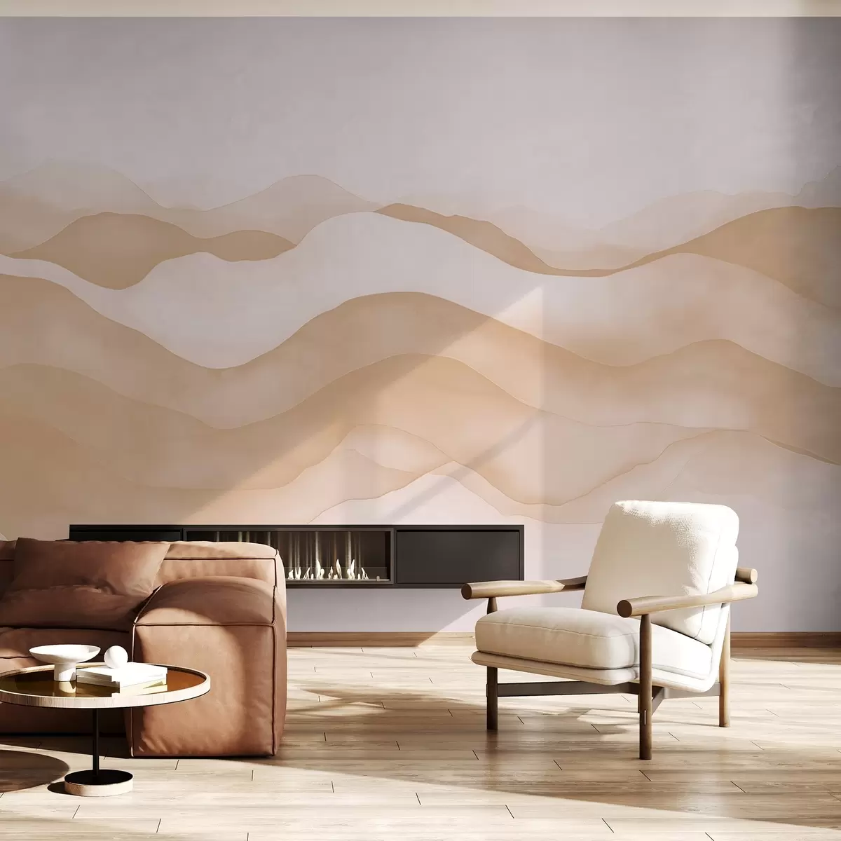Papier peint Vagues abstraites de couleur beige rappelant les montagnes w02196v1