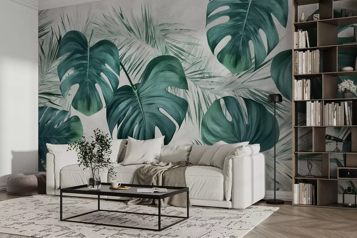 Papier peint Grandes feuilles de monstera et feuilles tropicales w01891