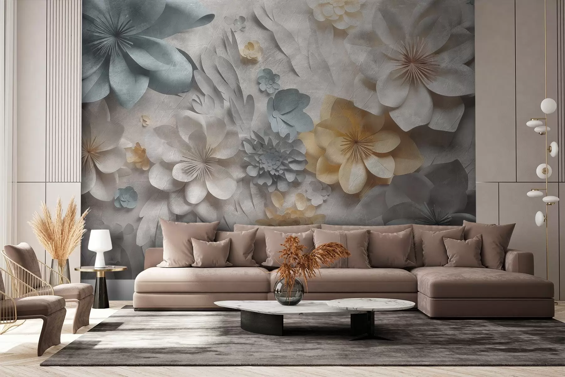 Papier peint Fleurs volumétriques sur fond gris clair w01892