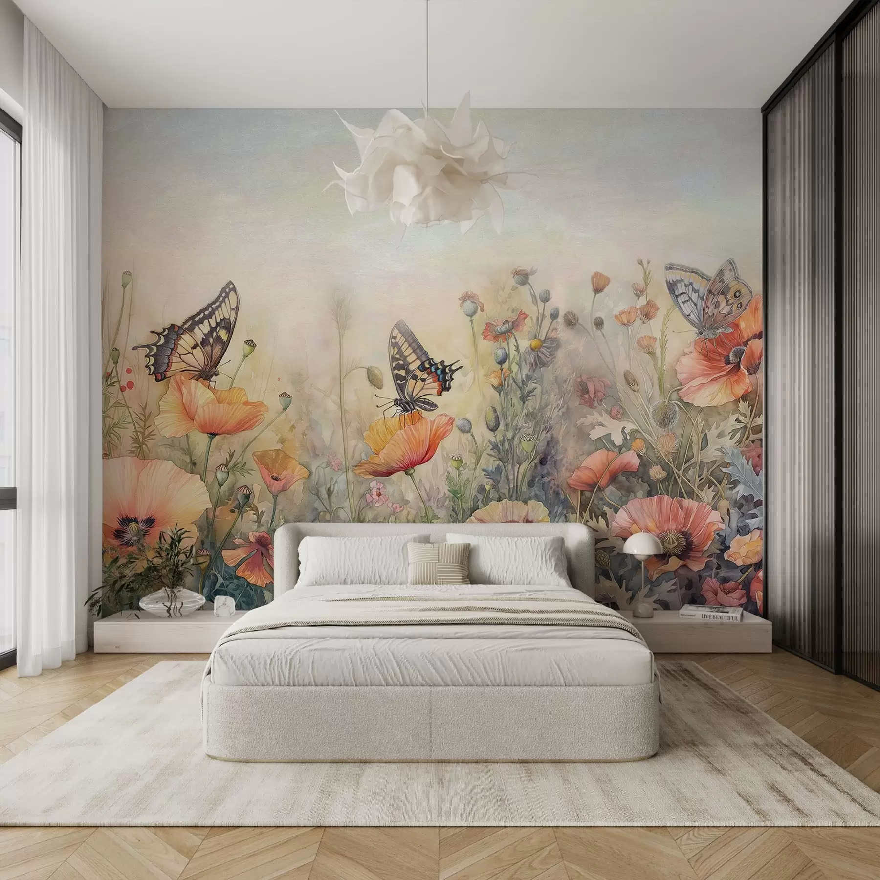 Papier peint Grands papillons dans les fleurs sauvages w01896