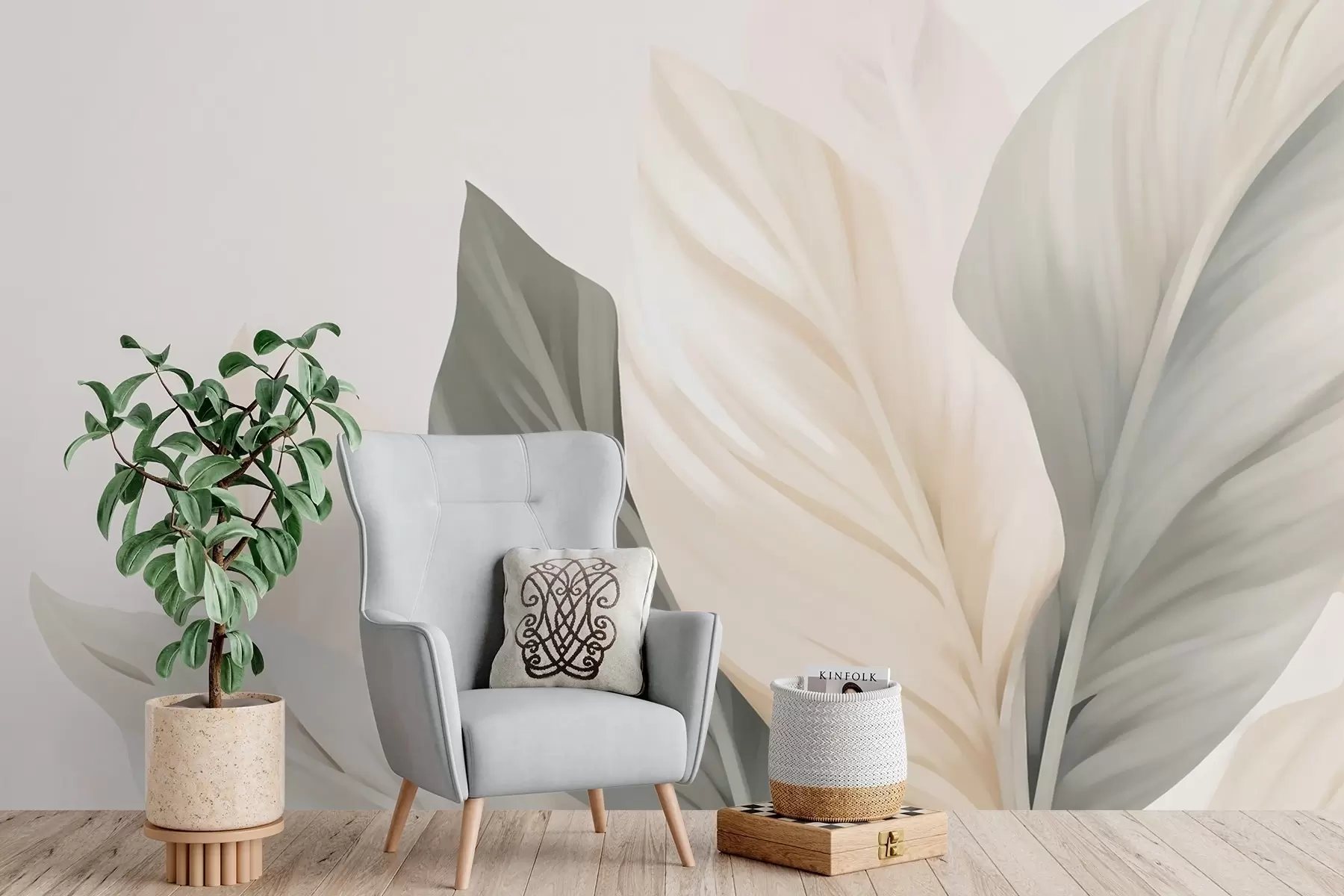 Papier peint Feuilles beiges et grises sur fond clair w02217