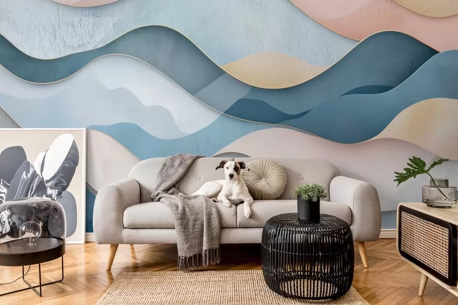 Papier peint Motif Art déco ondulé aux couleurs rose et bleu w02290