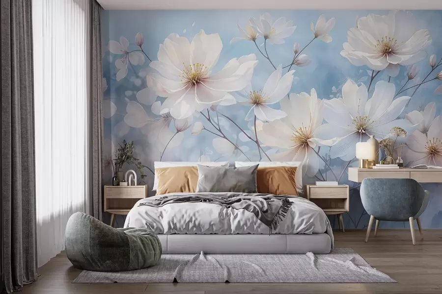 Papier peint Fleurs blanches délicates aux pétales souples sur un fond bleu flou, créant une atmosphère sereine et éthérée w08412