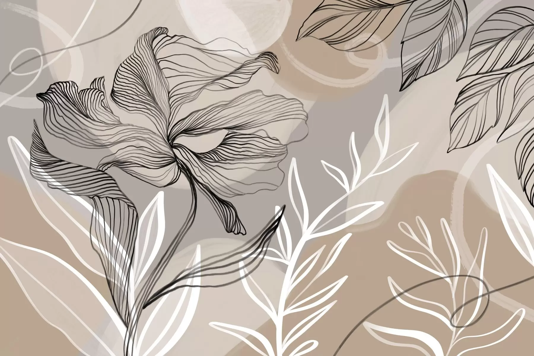 Papier peint Impression florale élégante avec de grandes fleurs et feuilles abstraites dans les tons gris et beige sur un fond clair w08413