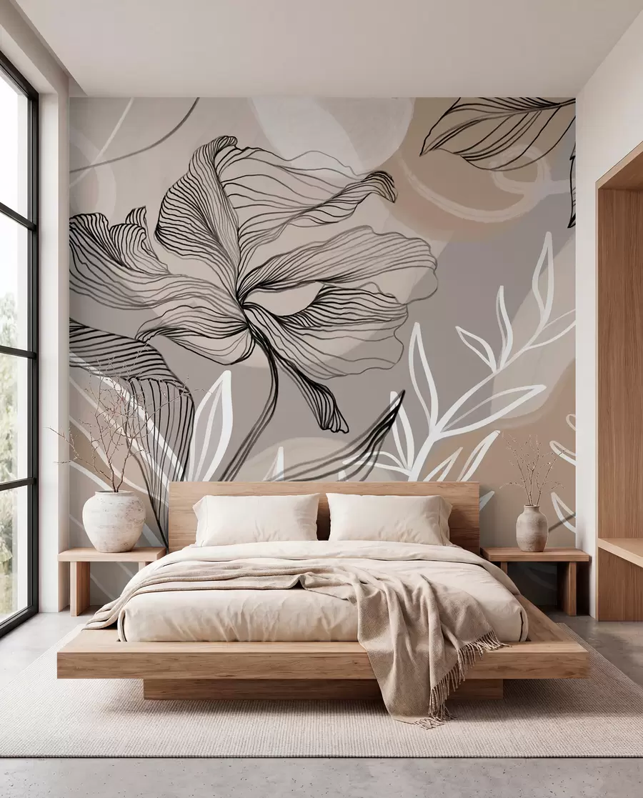 Papier peint Impression florale élégante avec de grandes fleurs et feuilles abstraites dans les tons gris et beige sur un fond clair w08413