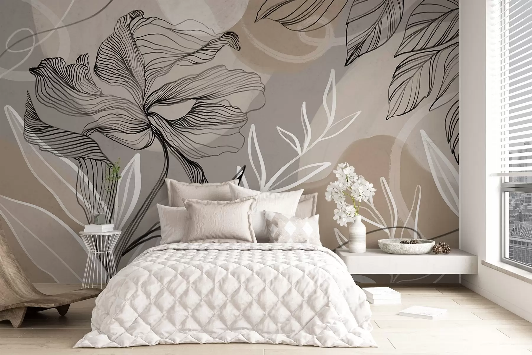 Papier peint Impression florale élégante avec de grandes fleurs et feuilles abstraites dans les tons gris et beige sur un fond clair w08413