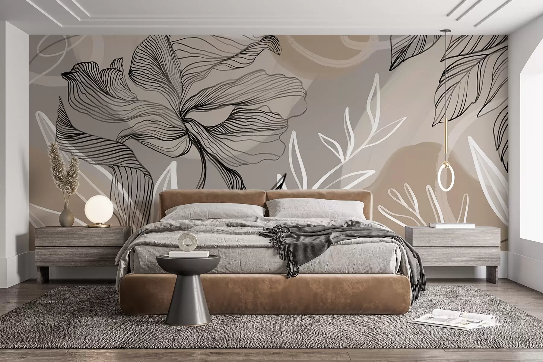 Papier peint Impression florale élégante avec de grandes fleurs et feuilles abstraites dans les tons gris et beige sur un fond clair w08413