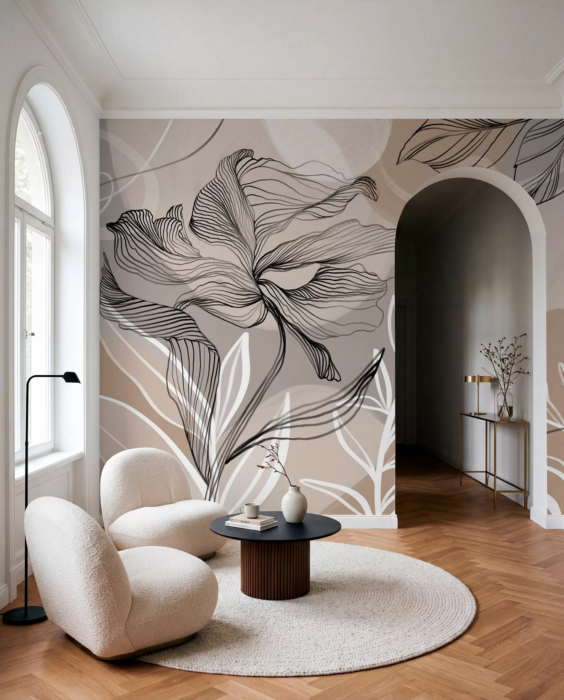 Papier peint Impression florale élégante avec de grandes fleurs et feuilles abstraites dans les tons gris et beige sur un fond clair w08413