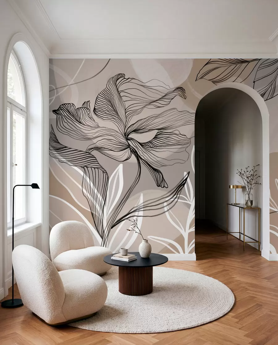 Papier peint Impression florale élégante avec de grandes fleurs et feuilles abstraites dans les tons gris et beige sur un fond clair w08413