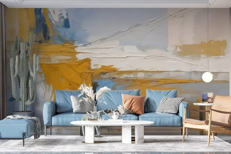 Papier peint Composition d'art abstrait minimaliste avec des coups de pinceau audacieux de peinture jaune, bleue et blanche  w08414