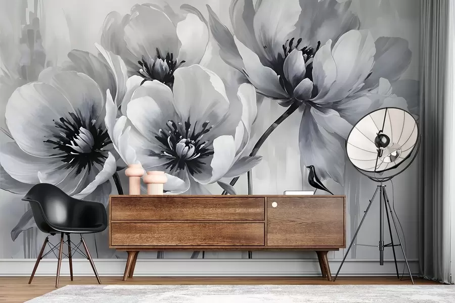 Papier peint Fleurs de tulipes monochromes aux pétales doux et flous sur fond clair w08418