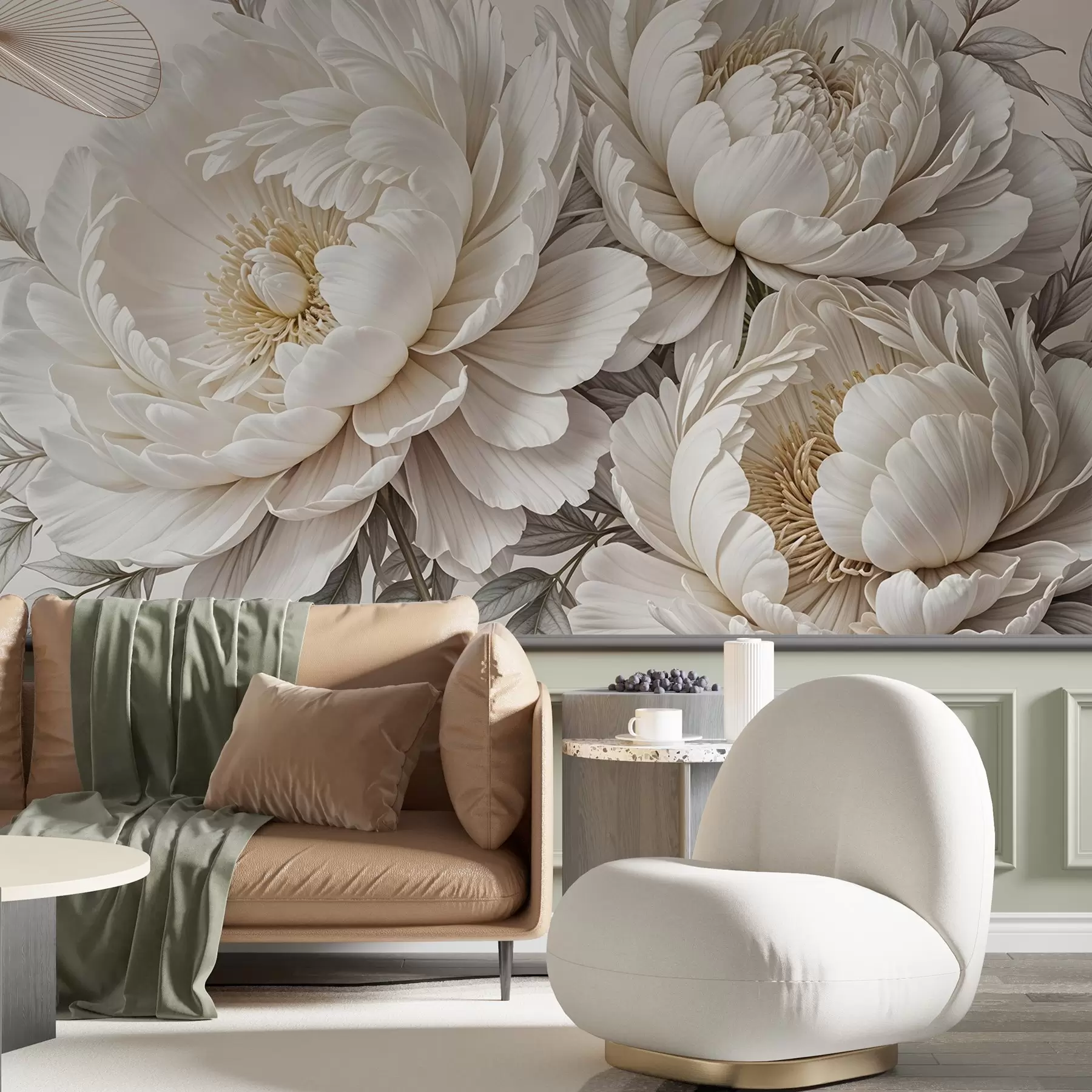 Papier peint Délicates pivoines blanches pastel avec un feuillage luxuriant sur un fond doux et neutre w08420