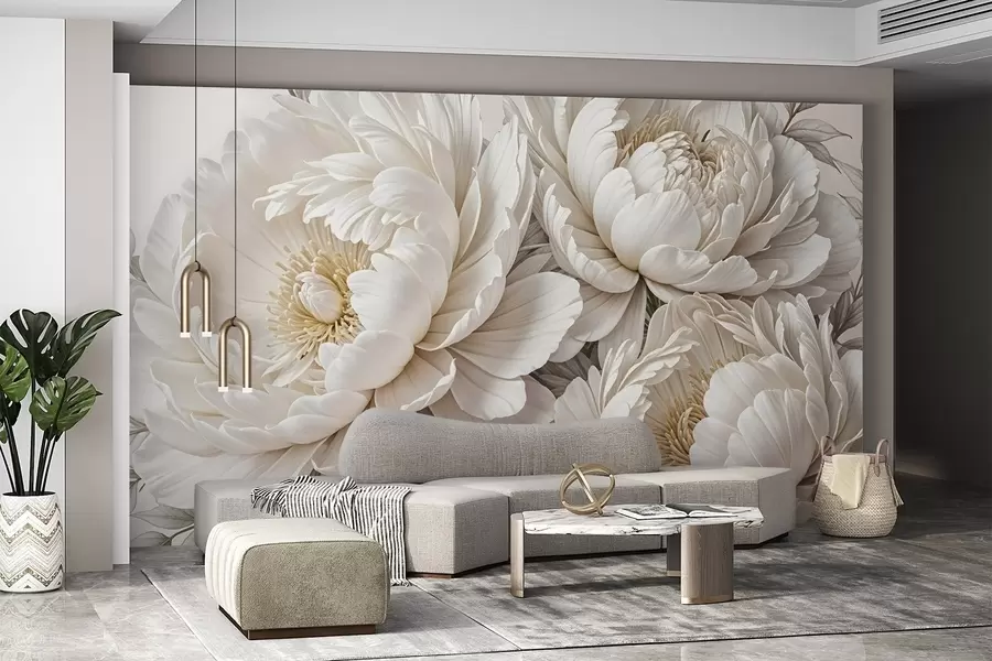 Papier peint Délicates pivoines blanches pastel avec un feuillage luxuriant sur un fond doux et neutre w08420