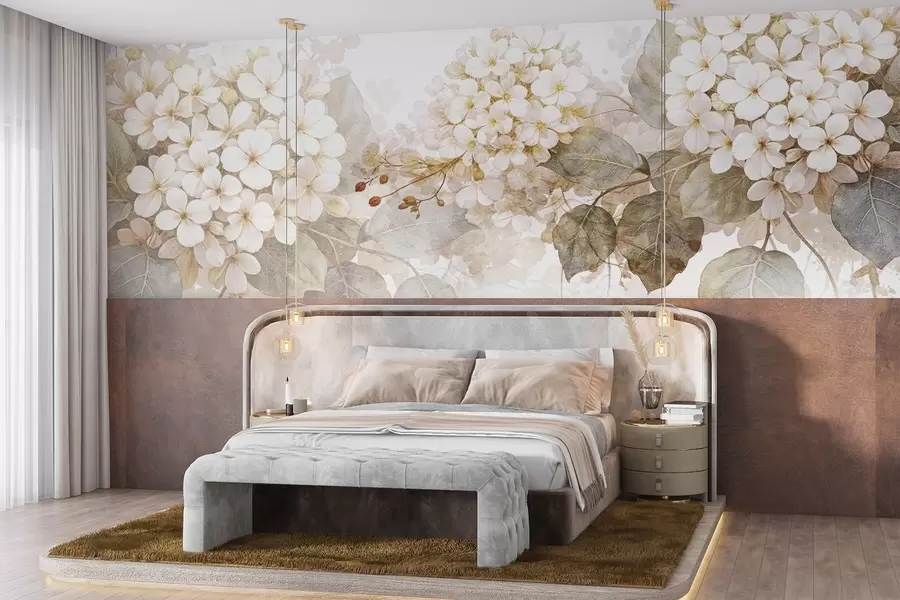 Papier peint Délicates fleurs d'hortensia blanches avec des feuilles vertes douces sur un fond clair w08422