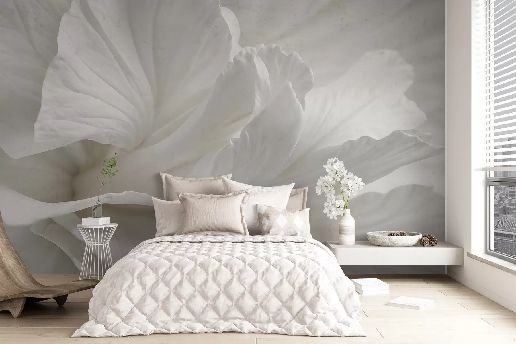 Papier peint Impression abstraite minimaliste d'une délicate fleur blanche aux pétales doux et veloutés w08424