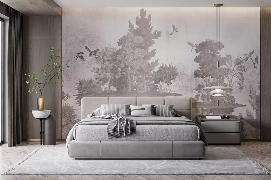 Papier peint Impression d'un paysage forestier avec un lac entouré de pins et d'autres feuillages sur un fond beige texturé w08426