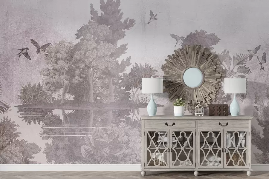 Papier peint Impression d'un paysage forestier avec un lac entouré de pins et d'autres feuillages sur un fond beige texturé w08426