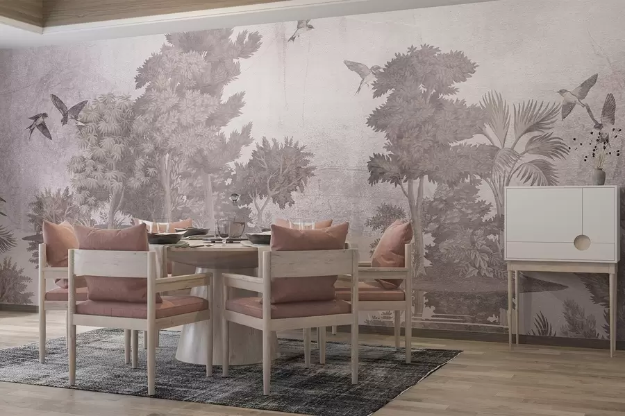 Papier peint Impression d'un paysage forestier avec un lac entouré de pins et d'autres feuillages sur un fond beige texturé w08426