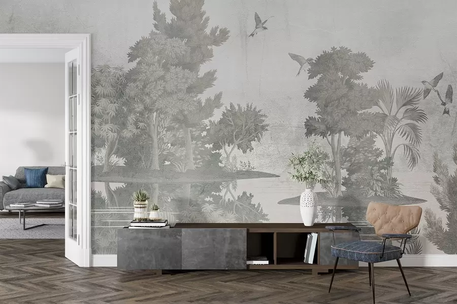 Papier peint Impression d'un paysage forestier avec un lac entouré de pins et d'autres feuillages sur un fond vert texturé w08426v1