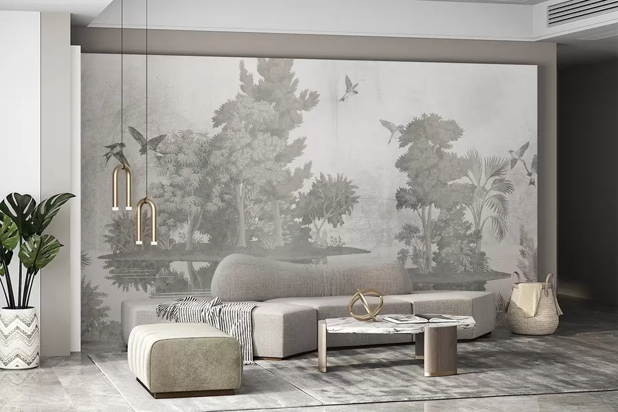 Papier peint Impression d'un paysage forestier avec un lac entouré de pins et d'autres feuillages sur un fond vert texturé w08426v1