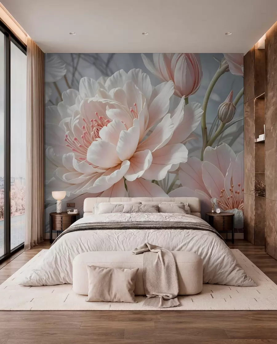 Papier peint Grandes fleurs délicates de pivoines blanches et roses aux pétales doux et duveteux sur un fond gris flou w08427