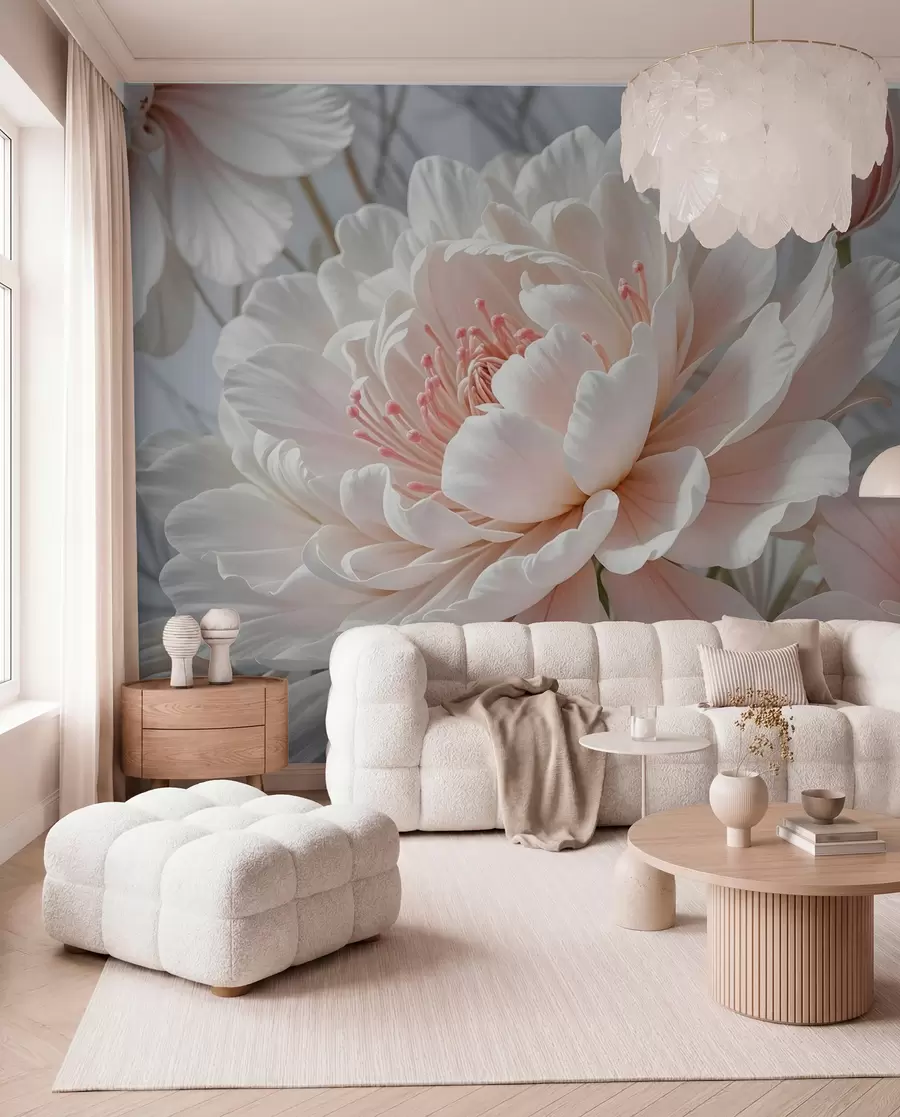 Papier peint Grandes fleurs délicates de pivoines blanches et roses aux pétales doux et duveteux sur un fond gris flou w08427