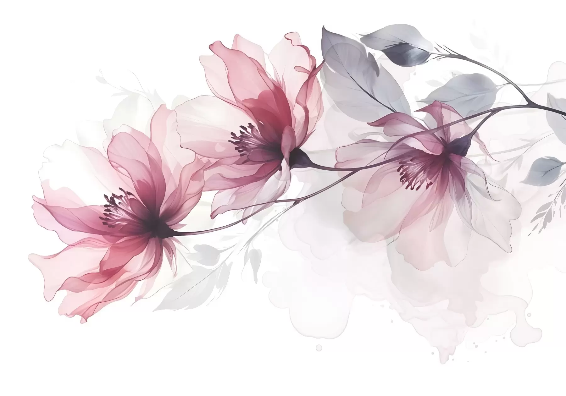 Papier peint Délicates fleurs transparentes roses et grises aux pétales doux et flous sur fond blanc w08429