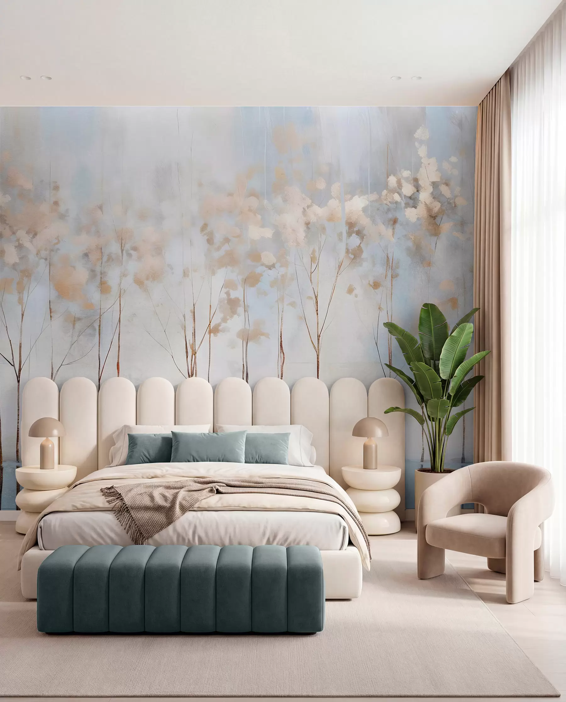 Papier peint Arbres dénudés dans un paysage minimaliste d'hiver abstrait, flou et pastel, sur un fond doux et brumeux w08430