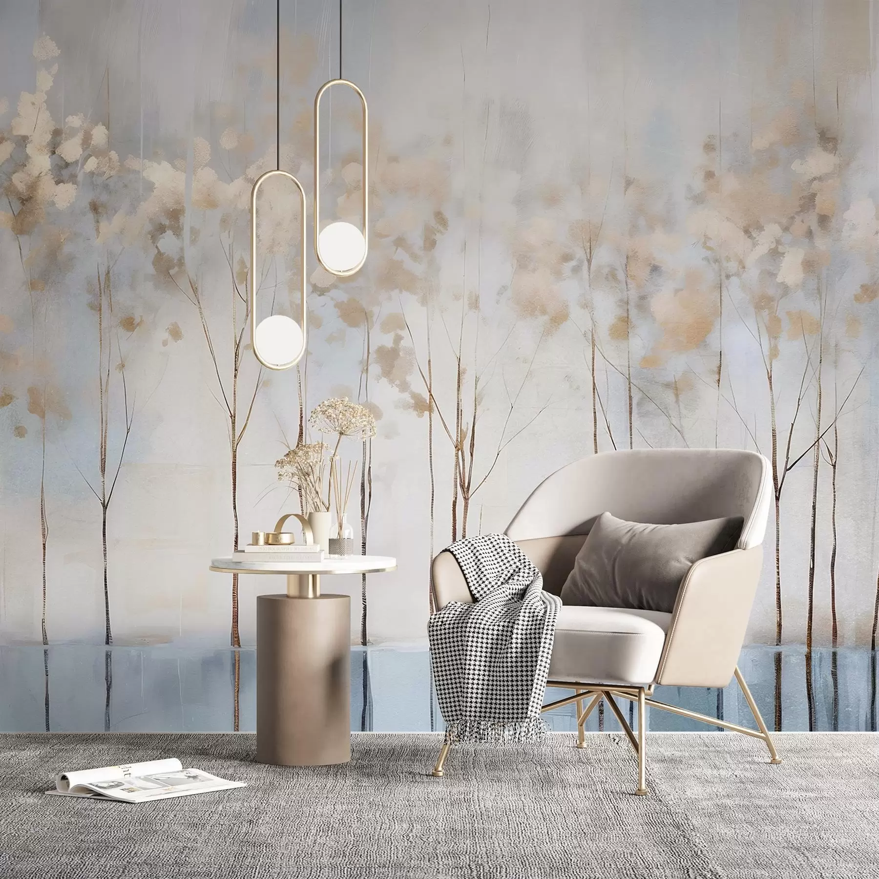 Papier peint Arbres dénudés dans un paysage minimaliste d'hiver abstrait, flou et pastel, sur un fond doux et brumeux w08430