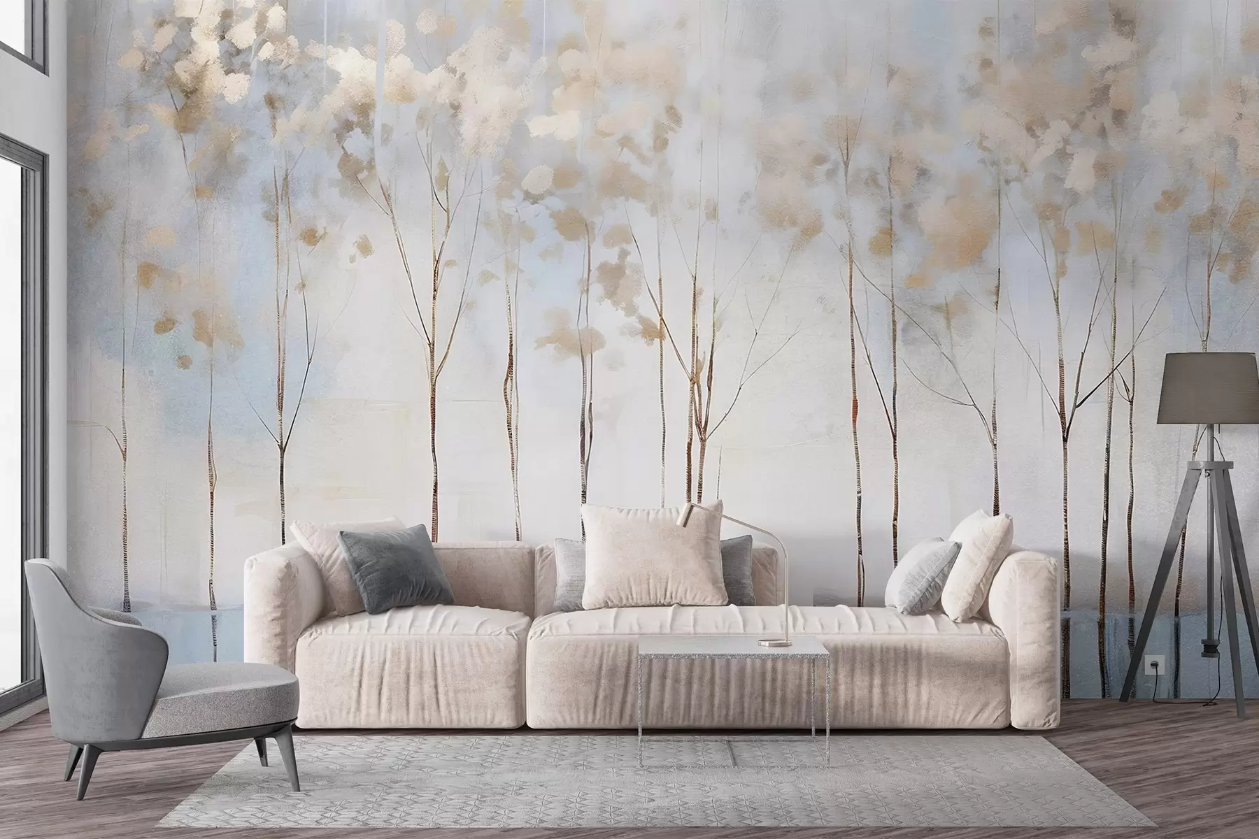 Papier peint Arbres dénudés dans un paysage minimaliste d'hiver abstrait, flou et pastel, sur un fond doux et brumeux w08430