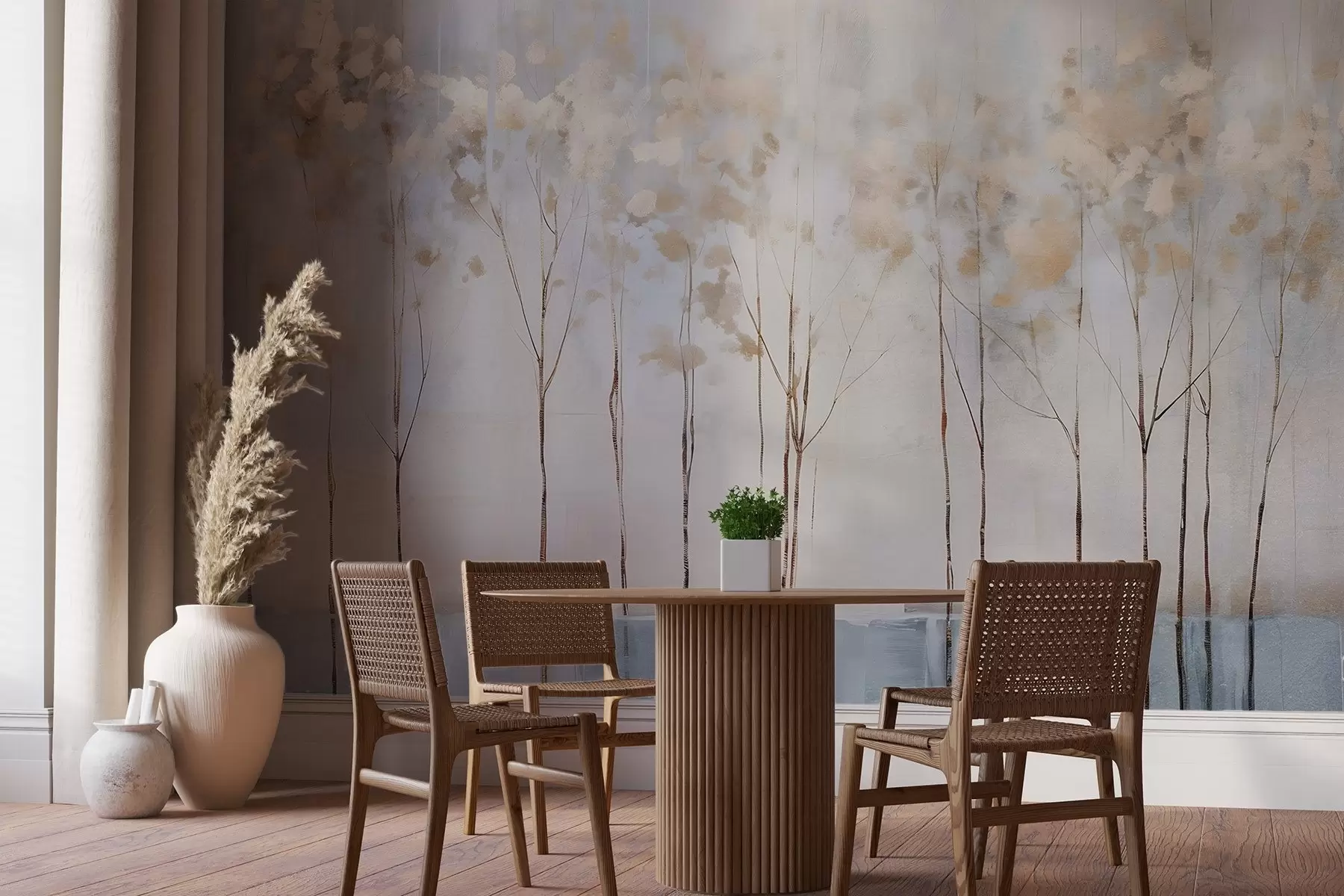 Papier peint Arbres dénudés dans un paysage minimaliste d'hiver abstrait, flou et pastel, sur un fond doux et brumeux w08430