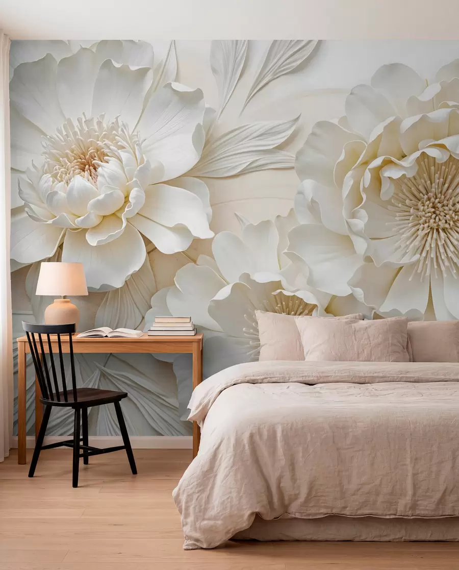 Papier peint Élégantes et volumineuses fleurs de pivoine imitant le blanc, avec des pétales doux et des centres jaune pastel, sur un fond clair w08431
