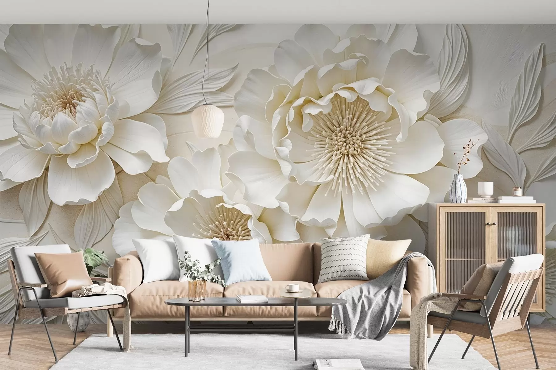 Papier peint Élégantes et volumineuses fleurs de pivoine imitant le blanc, avec des pétales doux et des centres jaune pastel, sur un fond clair w08431