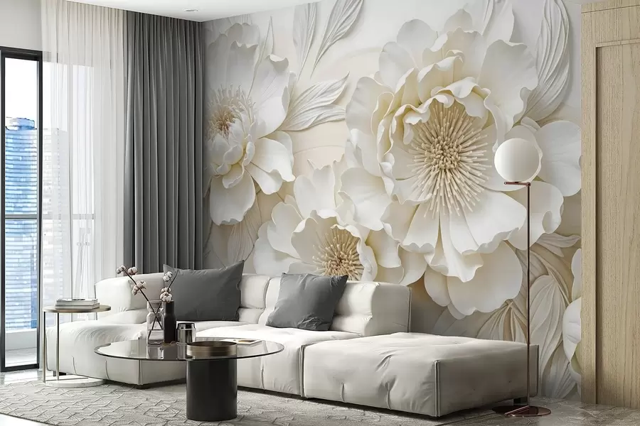 Papier peint Élégantes et volumineuses fleurs de pivoine imitant le blanc, avec des pétales doux et des centres jaune pastel, sur un fond clair w08431