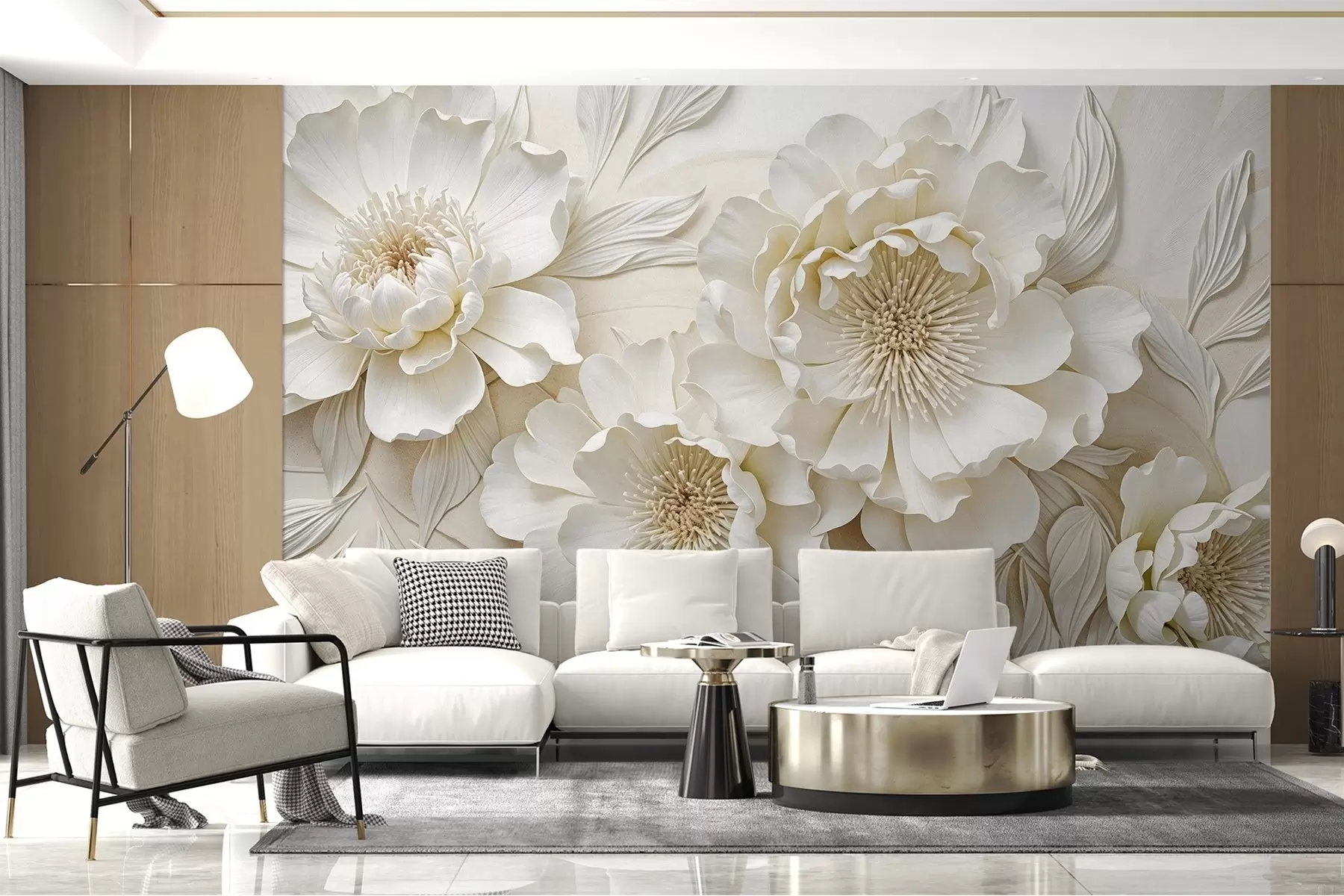 Papier peint Élégantes et volumineuses fleurs de pivoine imitant le blanc, avec des pétales doux et des centres jaune pastel, sur un fond clair w08431