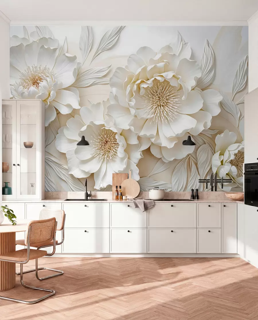 Papier peint Élégantes et volumineuses fleurs de pivoine imitant le blanc, avec des pétales doux et des centres jaune pastel, sur un fond clair w08431