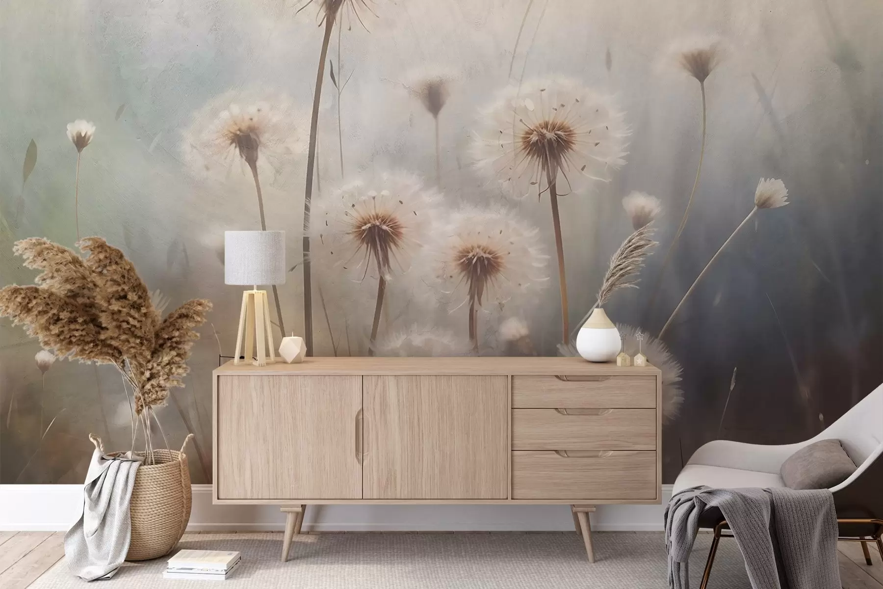 Papier peint Fleurs de pissenlit dans un champ, avec un arrière-plan texturé flou de couleur pastel w08432