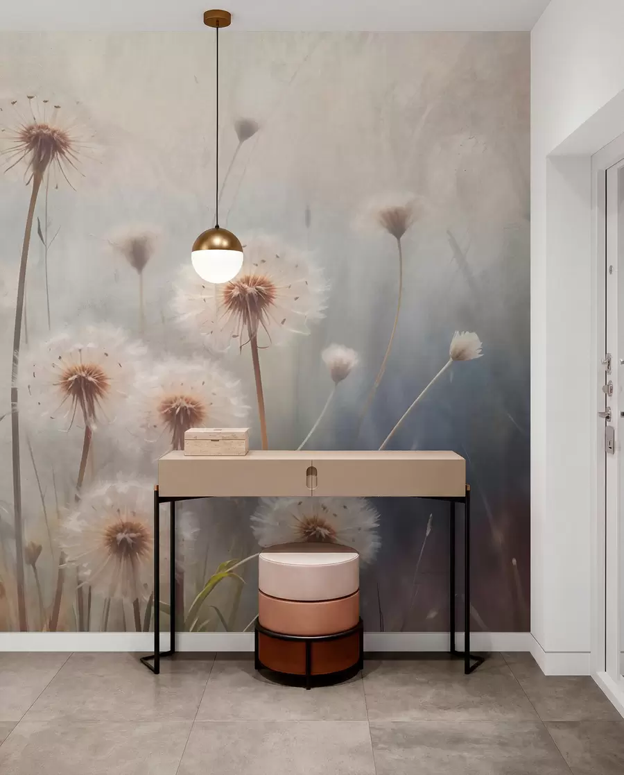 Papier peint Fleurs de pissenlit dans un champ, avec un arrière-plan texturé flou de couleur pastel w08432