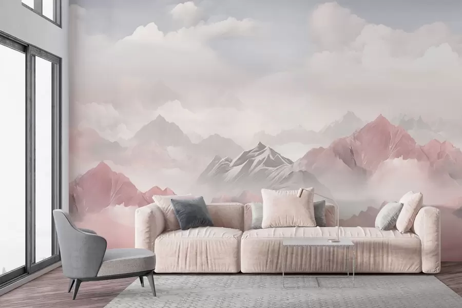 Papier peint Montagnes roses dans le brouillard et les nuages gonflés w02296